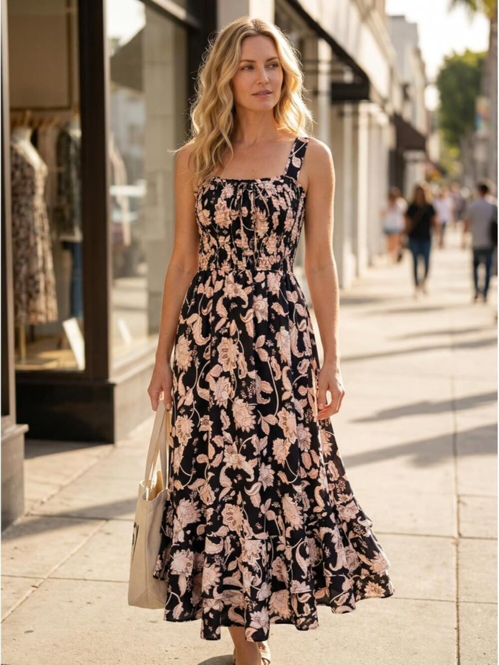 〽️Women's Black Flower Square Neck Strapped A LINE Boho Long Floral Maxi Dress